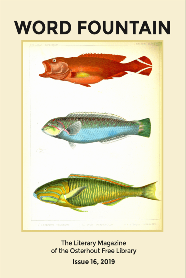 Word Fountain Cover Page for issue 16, three tropical fish on a light background. Vintage look.